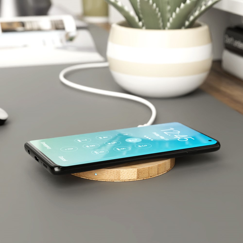 Wireless QI Charger Bamboo round 15 Wattbambus dunkel