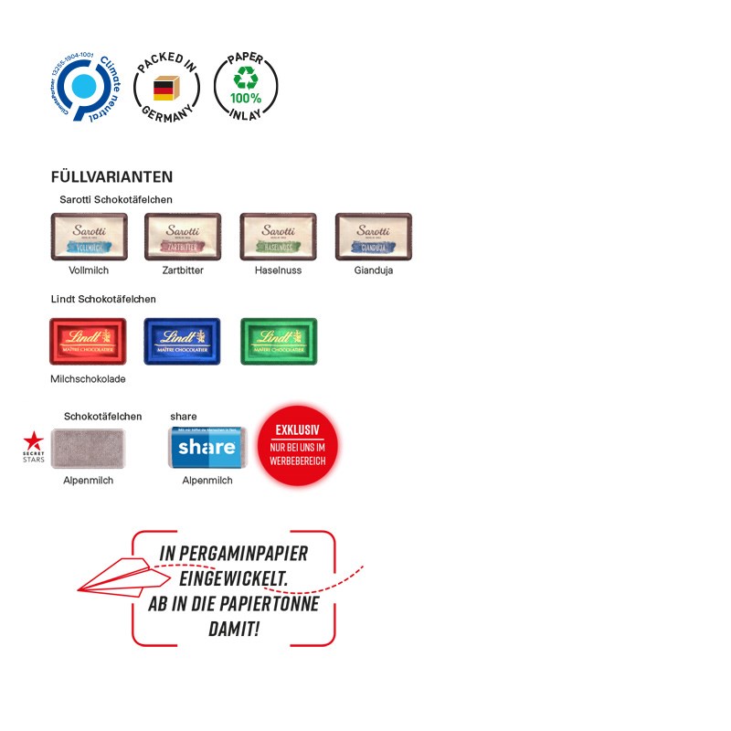 Täfelchen Adventskalender ECO, Papier Inlay, mit share Schokotäfelchen