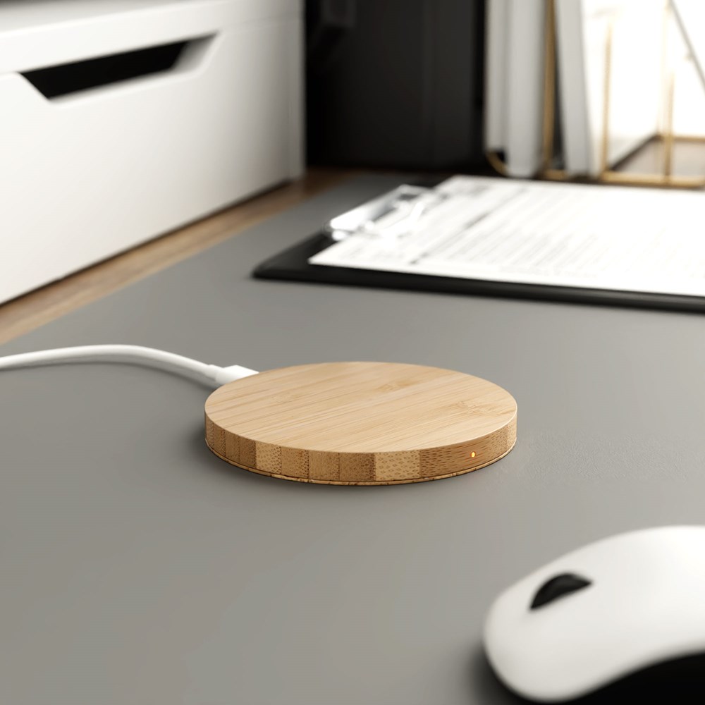 Wireless QI Charger Bamboo round 15 Wattbambus dunkel