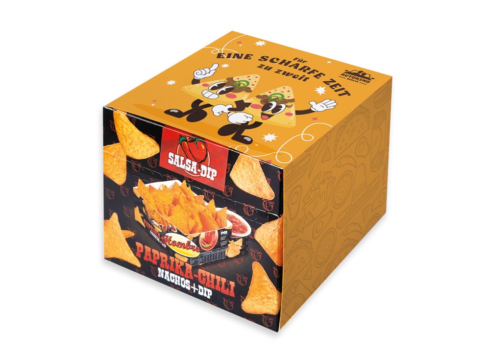 Nacho Box im Schuber 190 g  ,  Inhalt:  Nachos Paprika-Chili, Cheese Dip